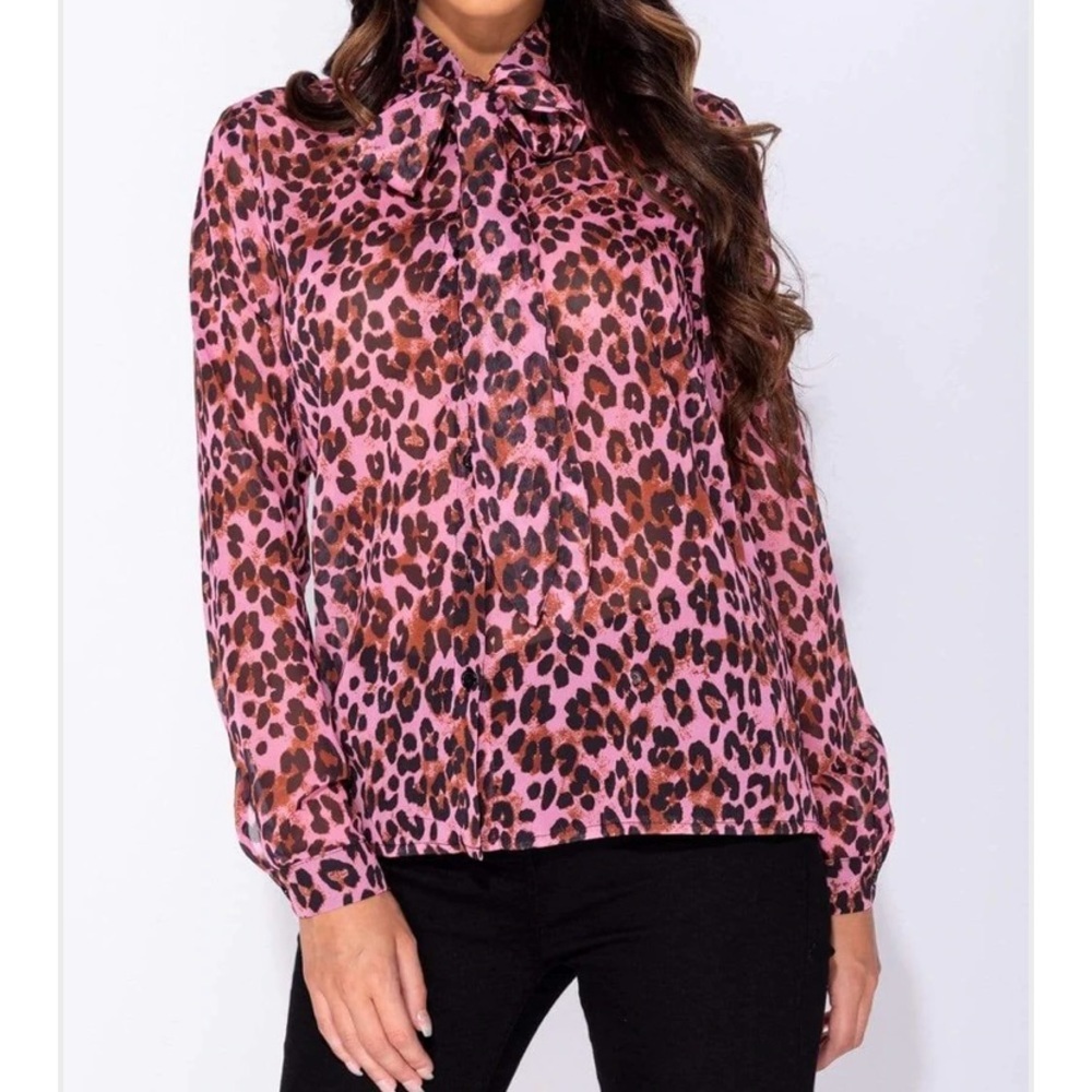 PINK & BLACK LEOPARD PRINT LONG SLEEVE BLOUSE WITH CAT BOW A LAVALLIERE - Picture 6 of 6
